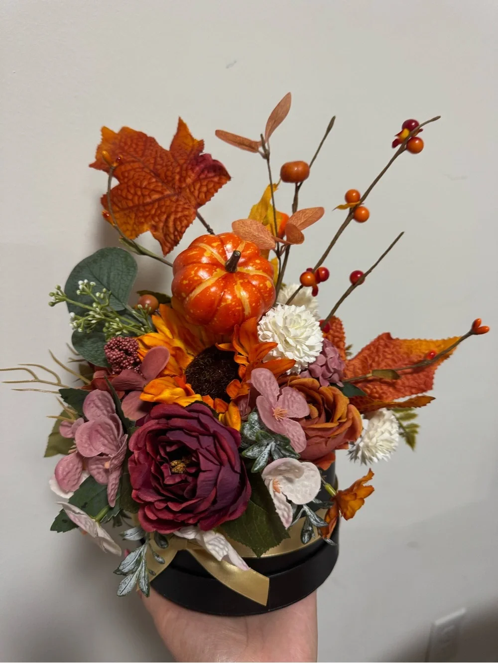 Handmade Fall Floral Arrangement with Pumpkin – Autumn Thanksgiving Centerpiece